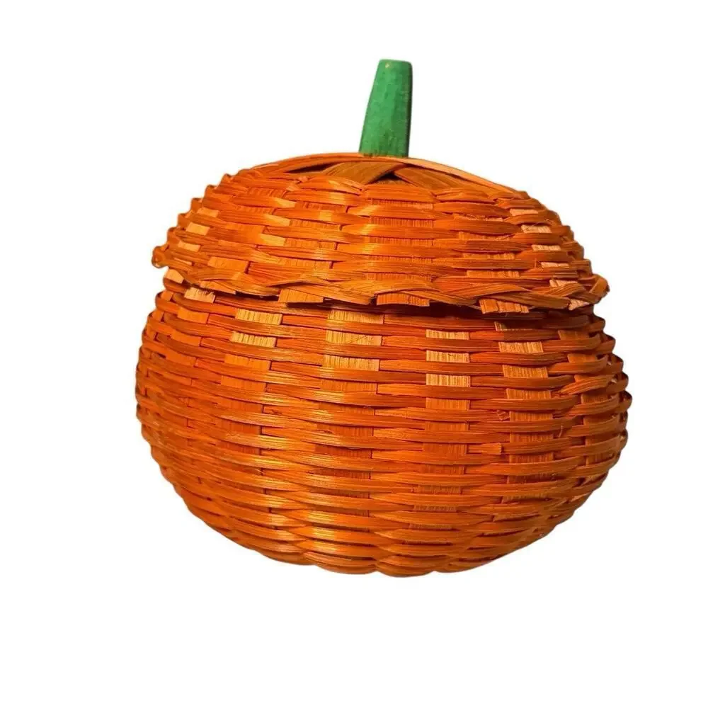 NOS Wicker Halloween Thanksgiving Orange Mini Pumpkin Woven Basket & Lid 3.5”